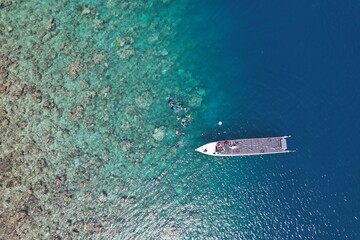 Snorkeling over coral reef in ocean. Snorkeling in karimunjawa island, bird view