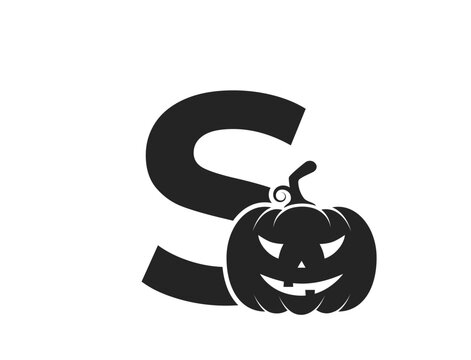 letter s with jack o lantern. halloween and autumn alphabet logo. pumpkin face isolated vector image