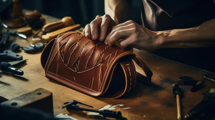 Deurstickers The process of making a travel bag made of genuine leather © Nataliya
