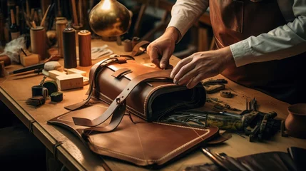 Deurstickers The process of making a travel bag made of genuine leather © Nataliya