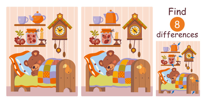 Cute teddy bear sleeps in bed under cozy patchwork quilt. Find differences, education game for children. Flat vector illustration.