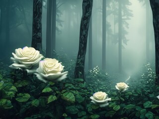 Giant white roses in a misty forest