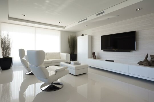 White contemporary living space featuring a chair and flat screen TV. Generative AI