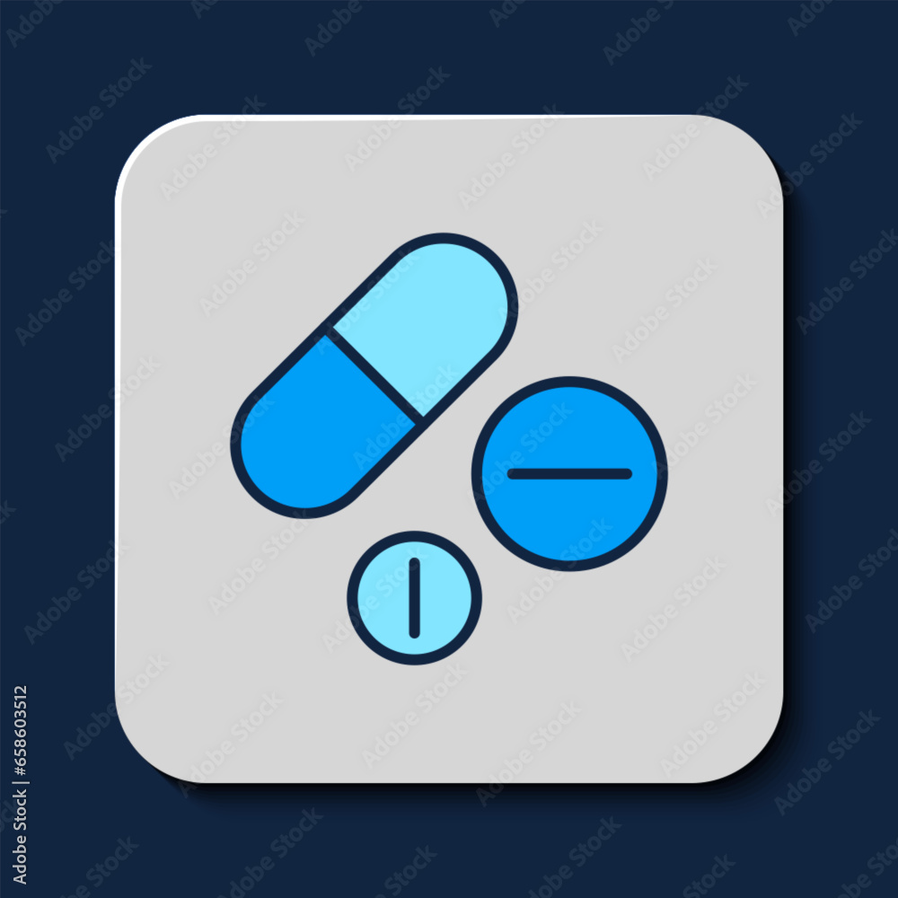 Poster filled outline medicine pill or tablet icon isolated on blue background. capsule pill and drug sign.