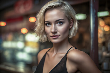 Fototapeta premium Captivating Beauty: Stylish Woman in a Black Dress with Short Hair Poses Gracefully in Bar, ai generative