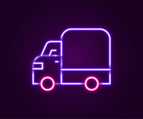 Glowing neon line Delivery cargo truck vehicle icon isolated on black background. Colorful outline concept. Vector