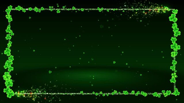 Festive Happy Saint Patrick's Day Text Reveal Inside Green Leaf Clovers Glitter Magic Light Trails Border Frame On Falling Clovers Floored Space, With Border Frame Background Separated