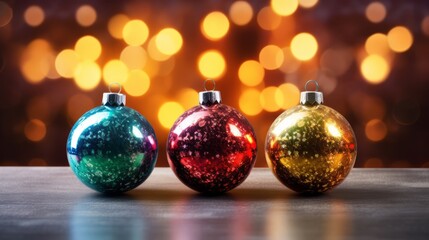Fototapeta premium Colourful Christmas balls decoration with bokeh circles in the background. Festive wallpaper background for gift wrapping. Generative AI