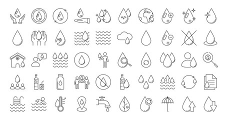 Water line icons set. Drops, rain, waves, drop, faucet, umbrella, dew, drinking water, bottle, cleanliness, aqua and others. Isolated on a white background. Vector stock illustration.