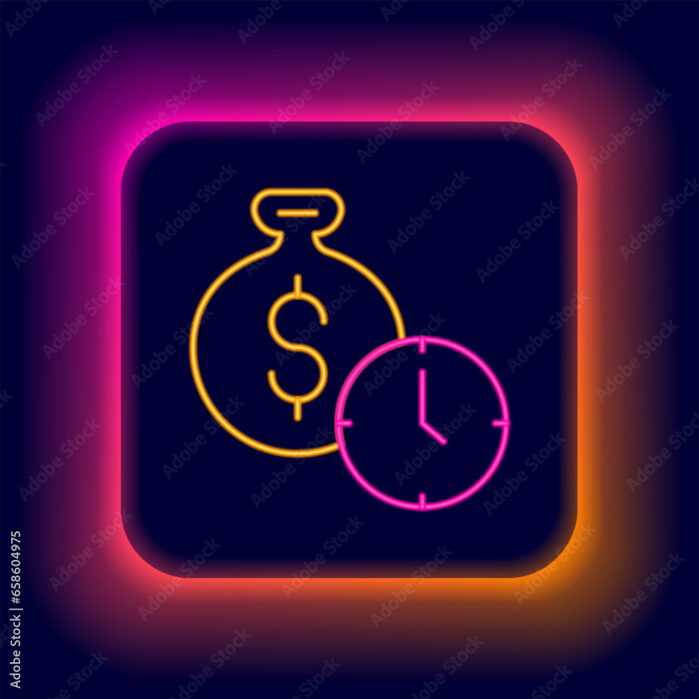 Poster Glowing neon line Time is money icon isolated on black background. Money is time. Effective time management. Convert time to money. Colorful outline concept. Vector