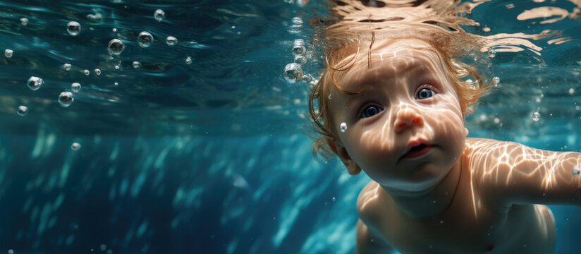 Infant swimming lessons in a pool, promoting water safety and early aquatic skills.