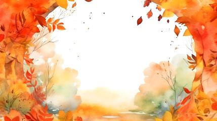 watercolor autumn background with foliage and large empty space for text in the center