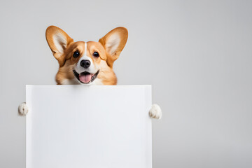 Corgi dog holds a large whatman paper in its paws on a gray background