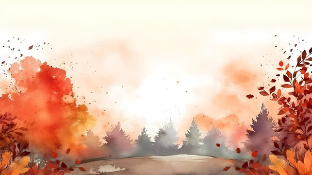 watercolor autumn background with foliage and large empty space for text in the center