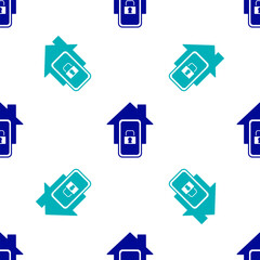 Blue Mobile phone with smart home icon isolated seamless pattern on white background. Remote control. Vector