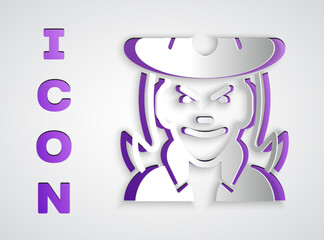 Paper cut Witch icon isolated on grey background. Happy Halloween party. Paper art style. Vector