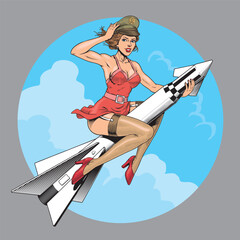 Pin up girl riding air defense missile, nuclear rocket  or atomic bomb. Retro 50s comic book or nose art style vector illustration.