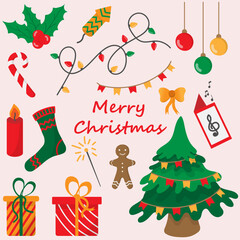 A set of individual hand-drawn Christmas pictures on an isolated background. Ideal for decor, greeting cards, planners, notebooks, and printing.