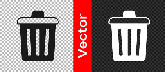 Black Trash can icon isolated on transparent background. Garbage bin sign. Recycle basket icon. Office trash icon. Vector