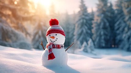 snowman in a cap and scarf in the yard on a sunny winter day with copy space for text
