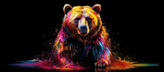 Painted colorful bear animal, they show off in beautiful colors. isolated black background. Pattern for t-shirt printing, Generative AI