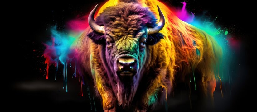 Painted colorful bison animal, they show off in beautiful colors. isolated black background. Pattern for t-shirt printing, Generative AI