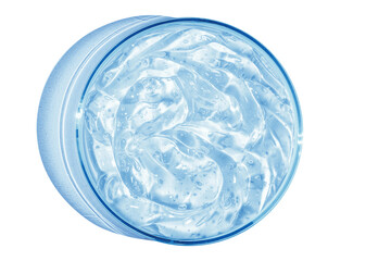 Transparent blue cosmetic gel in a Petri dish. View from above. On an empty background.