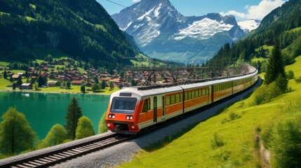Famous electric red tourist panoramic train in swiss village Lungern, canton of Obwalden, Switzerland - obrazy, fototapety, plakaty