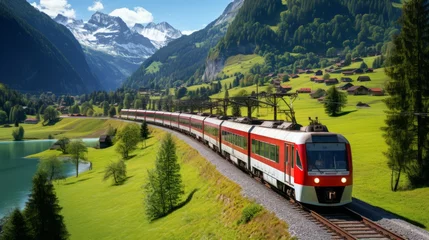 Schilderijen op glas Famous electric red tourist panoramic train in swiss village Lungern, canton of Obwalden, Switzerland © ND STOCK