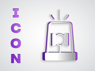 Paper cut Flasher siren icon isolated on grey background. Emergency flashing siren. Paper art style. Vector