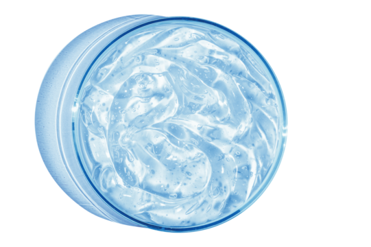Transparent blue cosmetic gel in a Petri dish. View from above. On an empty background.