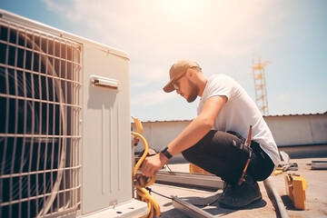 Technician working on air conditioning outdoor unit on hot sunny day. HVAC worker professional occupation - obrazy, fototapety, plakaty