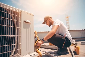 Foto op Plexiglas Technician working on air conditioning outdoor unit on hot sunny day. HVAC worker professional occupation © Рика Тс