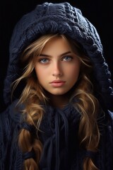 Cozy and Stylish Captivating Image of a Girl with White Golden Hair Blue Eye in Winter Attire and Cap Generative Ai
