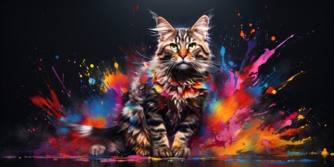 Painted colorful cat animal, they show off in beautiful colors. isolated black background. Pattern for t-shirt printing, Generative AI