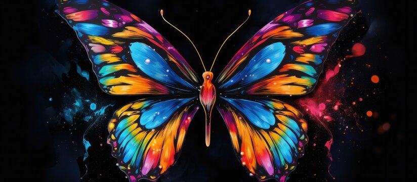 Painted colorful butterfly animal, they show off in beautiful colors. isolated black background. Pattern for t-shirt printing, Generative AI