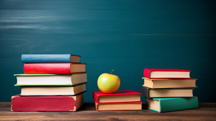 Education and reading concept - group of colorful books on the wooden table in the classroom, blackboard background, Generative AI