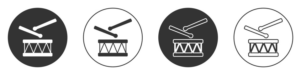 Black Drum with drum sticks icon isolated on white background. Music sign. Musical instrument symbol. Circle button. Vector