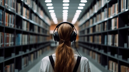 Young woman or girl with headphones on her head standing in large library, books on both sides, view from behind - audiobooks concept - obrazy, fototapety, plakaty