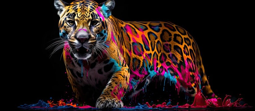Painted colorful cougar animal, they show off in beautiful colors. isolated black background. Pattern for t-shirt printing, Generative AI