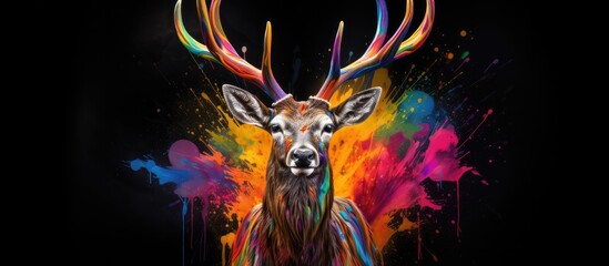 Painted colorful deer animal, they show off in beautiful colors. isolated black background. Pattern for t-shirt printing, Generative AI