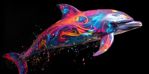 Painted colorful dolphin animal, they show off in beautiful colors. isolated black background. Pattern for t-shirt printing, Generative AI