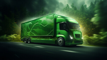 green truck in green forest with a beautiful landscape