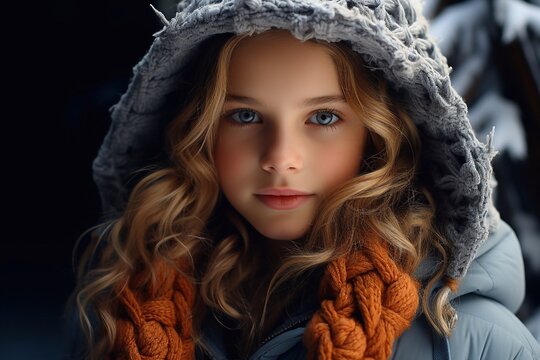 Seasonal Beauty Image of a Girl with White Golden Hair Blue Eye in Winter Clothes and Cap Generative Ai