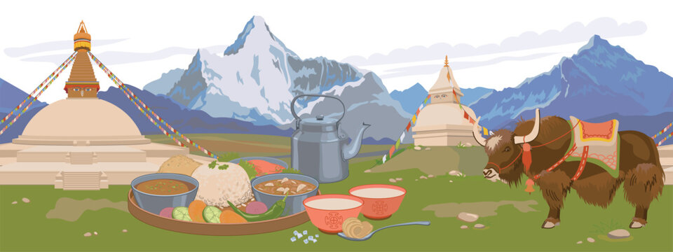 Attributes of Nepalese culture. Vector, flat style. Mountains, Buddhist stupa, tea with butter and salt, karangi, vegetarian Nepalese Thali set (Dal Bhat), yak.