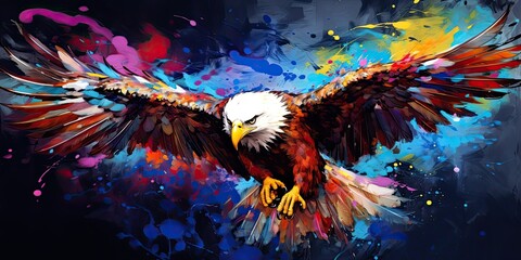 Painted colorful eagle animal, they show off in beautiful colors. isolated black background. Pattern for t-shirt printing, Generative AI