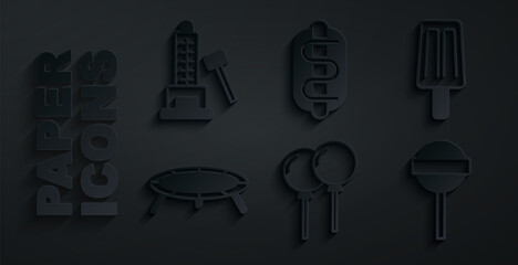 Set Balloons with ribbon, Ice cream, Jumping trampoline, Lollipop, Hotdog sandwich and Striker attraction hammer icon. Vector