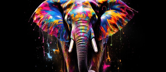 Painted colorful elephant animal, they show off in beautiful colors. isolated black background. Pattern for t-shirt printing, Generative AI