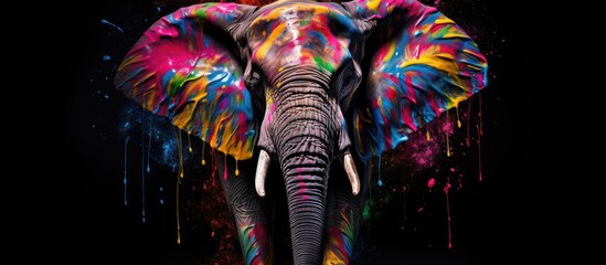 Painted colorful elephant animal, they show off in beautiful colors. isolated black background. Pattern for t-shirt printing, Generative AI - obrazy, fototapety, plakaty