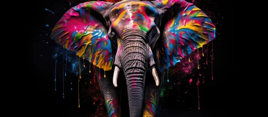 Fototapeten Painted colorful elephant animal, they show off in beautiful colors. isolated black background. Pattern for t-shirt printing, Generative AI © dm